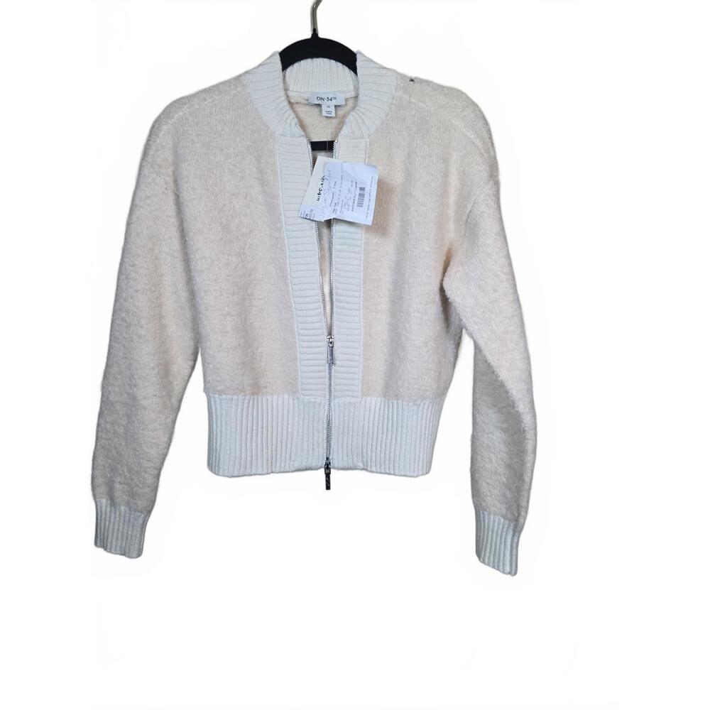 ON 34TH WOMENS FUZZY-KNIT ZIP CARDIGA MOTHER OF PEARL XS